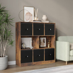 Urbn-Living Urbnliving Asymmetrical 8 Cube Bookcase Shelf Storage Unit W/ 6 Fabric Drawer Inserts (Rustic Brown+Black) - thumbnail 1