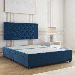 Bsspoke Mia Divan Bed In Blue Plush Velvet 24Inch Headboard & 2 Drawers Same Side & No Mattress In 3Ft 4Ft 4Ft6 5Ft 6Ft