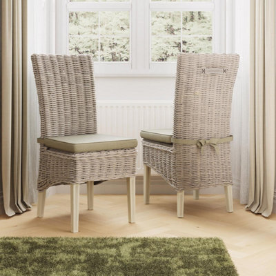 FWSTYLE Set Of 2 Ready Assembled Solid Pine Rattan Dining Chairs Limewash Finish - image 1