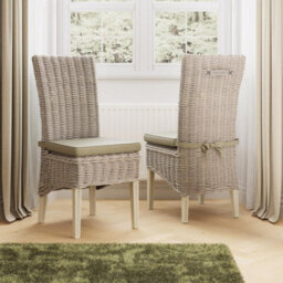 FWSTYLE Set Of 2 Ready Assembled Solid Pine Rattan Dining Chairs Limewash Finish - thumbnail 1