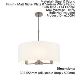 Ceiling Pendant Light Matt Nickel & Vintage White Fabric 3 X 40W E14 E10094 - thumbnail 2