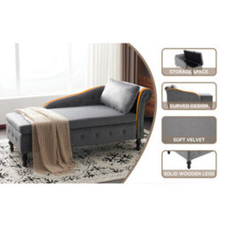 Btm Velvet Chaise Lounge Sofa With Storage Grey Upholstered Couch With Pillow Tufted Lounge Chair Right Armrest - thumbnail 8