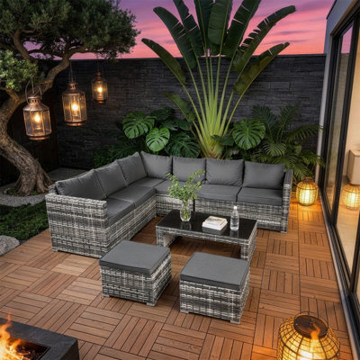 Fenchilin Garden Corner Sofa Set Rattan Sofa With Coffee Table 2 Stools Outdoor Furniture Grey - image 1