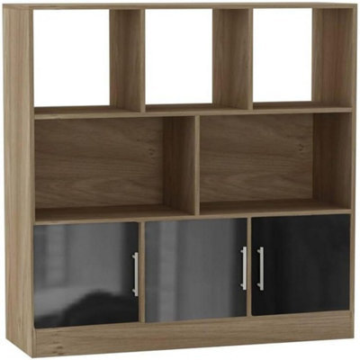 Urbn-Living Urbnliving Oak 8 Cube Asymmetrical Bookcase With 3 Black Gloss Doors Freestanding Storage Unit - image 1