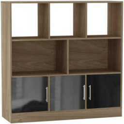 Urbn-Living Urbnliving Oak 8 Cube Asymmetrical Bookcase With 3 Black Gloss Doors Freestanding Storage Unit