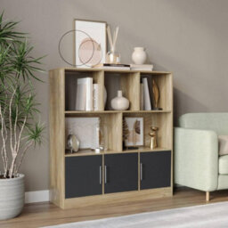 Urbn-Living Urbnliving Oak 8 Cube Asymmetrical Bookcase With 3 Black Gloss Doors Freestanding Storage Unit - thumbnail 2