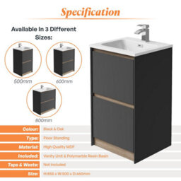 Plum&clay Norton Black & Oak Freestanding Vanity Unit & Basin Set Bathroom Furniture (W)500mm (H)855mm - thumbnail 4