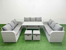 Fimous Pe Rattan Lounge Sofa Set Outdoor Garden Furniture Set Rectangular Dining Table 3 Seater Sofa 2 Stools 2 Side Table - thumbnail 1