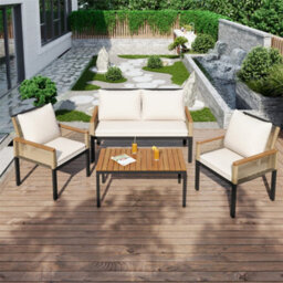 Abrihome Garden Lounge Set, Garden Furniture Set With Comfortable Cushions, Double Sofa, 2 Armchairs And Table, Rattan, Beige - thumbnail 9