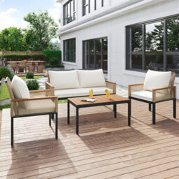 Abrihome Garden Lounge Set, Garden Furniture Set With Comfortable Cushions, Double Sofa, 2 Armchairs And Table, Rattan, Beige - thumbnail 8