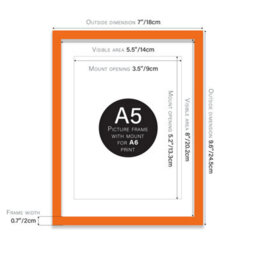 A5 Orange Picture Frame With Mount For A6 (10.5 X 14.8Cm - 4.1 X 5.8In) Poster, Photo, Artwork, Or Print. - thumbnail 2