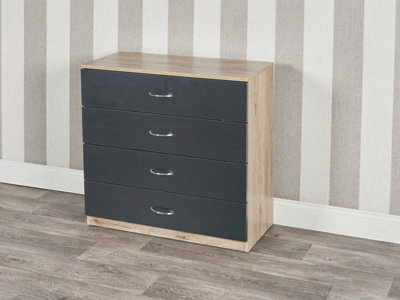 Urbnliving Height 73Cm 4 Drawer Wooden Bedroom Chest Cabinet Modern Oak Carcass And Black Drawers Wide Storage Cupboard Closet - image 1
