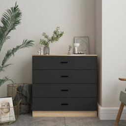 Urbnliving Height 73Cm 4 Drawer Wooden Bedroom Chest Cabinet Modern Oak Carcass And Black Drawers Wide Storage Cupboard Closet - thumbnail 3