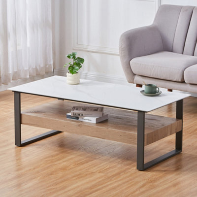 Ascent Rectangular Stone Coffee Table With Shelf - Light Grey - image 1