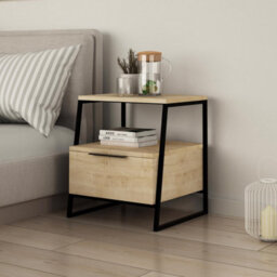Fwstyle 1 Door Bedside Table Cabinet Modern Natural Oak Black Metal Frame - thumbnail 1