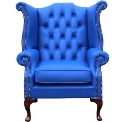 Chesterfield High Back Wing Chair Shelly Deep Ultramarine Blue Real Leather Bespoke In Queen Anne Style - image 1