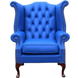 Chesterfield High Back Wing Chair Shelly Deep Ultramarine Blue Real Leather Bespoke In Queen Anne Style