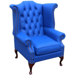 Chesterfield High Back Wing Chair Shelly Deep Ultramarine Blue Real Leather Bespoke In Queen Anne Style - thumbnail 2