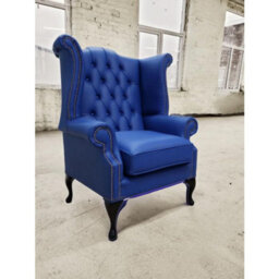 Chesterfield High Back Wing Chair Shelly Deep Ultramarine Blue Real Leather Bespoke In Queen Anne Style - thumbnail 3