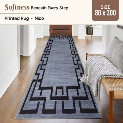 Ameha Nico Printed Extra Large Area Rug Kitchen Hallway Runner Living Room Greek Key Grey Modern Rugs 80X300 Cm - image 1
