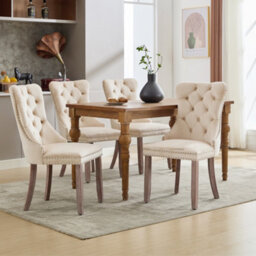 Btm 4 Pack Velvet Dining Chairs Upholstered Button Tufted Lounge Chairs Wood Legs Rivet Trim Beige