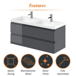 Plum&clay Marvel Gloss Dark Grey Wall Hung Bathroom Vanity Unit With Resin Basin (W)1200mm - thumbnail 5
