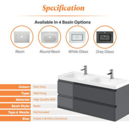 Plum&clay Marvel Gloss Dark Grey Wall Hung Bathroom Vanity Unit With Resin Basin (W)1200mm - thumbnail 4