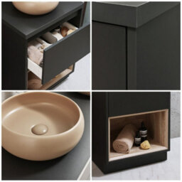 Homestylestore Black Grey 600mm Bathroom Vanity Unit Round Sand Countertop Basin Open Shelf - thumbnail 2