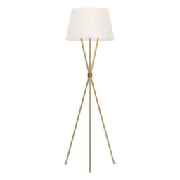 Elegant White Shade Led Floor Lamp With Tripod Base And Burnished Brass Finish