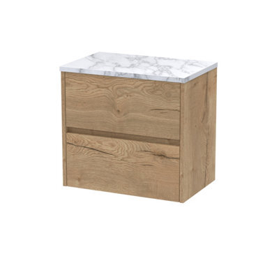 Nuie Havana Wall Hung 2-Drawer Vanity Unit & Worktop In Carrera Marble, Countertop Basin Unit In Autumn Oak, 600mm