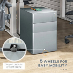 3 Drawer Metal Filing Cabinet Lockable 5 Wheels Compact Under Desk Grey - thumbnail 4