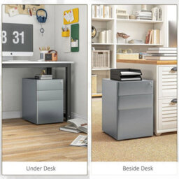 3 Drawer Metal Filing Cabinet Lockable 5 Wheels Compact Under Desk Grey - thumbnail 6