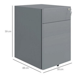 3 Drawer Metal Filing Cabinet Lockable 5 Wheels Compact Under Desk Grey - thumbnail 2