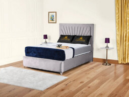 UKBEDFURNITURE Sunrise Silver Plush Valvet Upholstered Bed Frame - Slatted Base With 10 Inch Orthopedic Mattress - 48 Inch Headboard - thumbnail 1