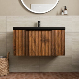 Aveli Fluted 800mm Bathroom Vanity Unit Basin Wall Hung Cupboard Soft Close Walnut - thumbnail 2