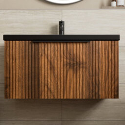 Aveli Fluted 800mm Bathroom Vanity Unit Basin Wall Hung Cupboard Soft Close Walnut