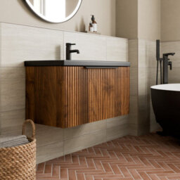 Aveli Fluted 800mm Bathroom Vanity Unit Basin Wall Hung Cupboard Soft Close Walnut - thumbnail 3