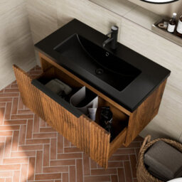Aveli Fluted 800mm Bathroom Vanity Unit Basin Wall Hung Cupboard Soft Close Walnut - thumbnail 4