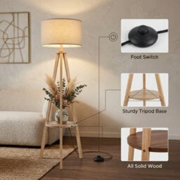 Tripod Floor Lamp Linen Shade Free Standing Light With Shelf Brown