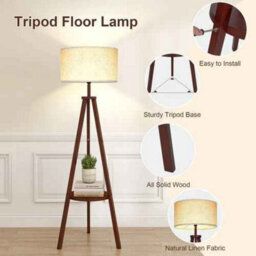 Tripod Floor Lamp Linen Shade Free Standing Light With Shelf Brown - thumbnail 4