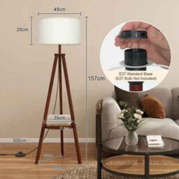 Tripod Floor Lamp Linen Shade Free Standing Light With Shelf Brown - thumbnail 2
