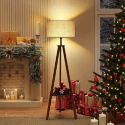 Tripod Floor Lamp Linen Shade Free Standing Light With Shelf Brown - thumbnail 6