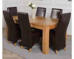 That's Furniture Dakota 182 X 92 Cm Chunky Oak Large Dining Table And 6 Chairs Dining Set With Lola Brown Leather Chairs