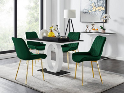 Furniturebox Giovani Rectangular 4 Seat White High Gloss Unique Halo Base Dining Table Black Glass Top 4 Green Velvet Gold Leg Pesaro Chairs - image 1