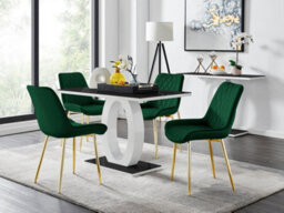 Furniturebox Giovani Rectangular 4 Seat White High Gloss Unique Halo Base Dining Table Black Glass Top 4 Green Velvet Gold Leg Pesaro Chairs