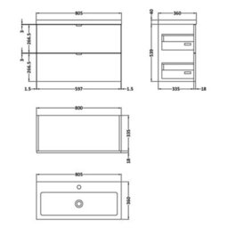 Hudson Reed Fusion Wall Hung 2 Drawer Vanity Unit & Polymarble Basin, Sink Vanity Unit, Charcoal Black, 800mm - thumbnail 4