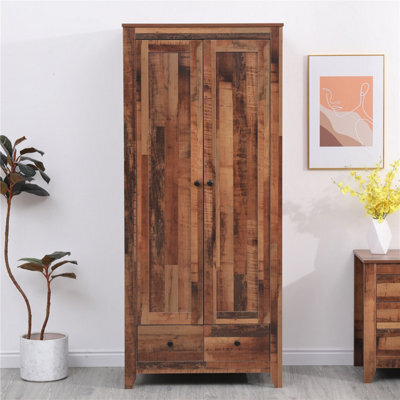 Furniturehmd 2 Doors 2 Drawer Wardrobe Wooden Bedroom Storage Hanging Bar Clothes Organiser - image 1