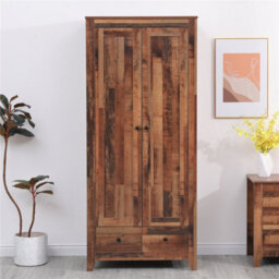 Furniturehmd 2 Doors 2 Drawer Wardrobe Wooden Bedroom Storage Hanging Bar Clothes Organiser - thumbnail 1