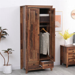 Furniturehmd 2 Doors 2 Drawer Wardrobe Wooden Bedroom Storage Hanging Bar Clothes Organiser - thumbnail 3