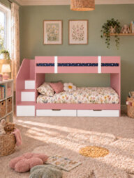 Pink Low Single Staircase Bunk Bed With Wardrobe, Shelves And Drawers With Luxury Memory Pocket Mattresses - thumbnail 2